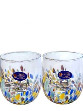 Set Of 2 Confetti White Cristal Murano Stemless Wine Glasses 14 oz Made In Italy